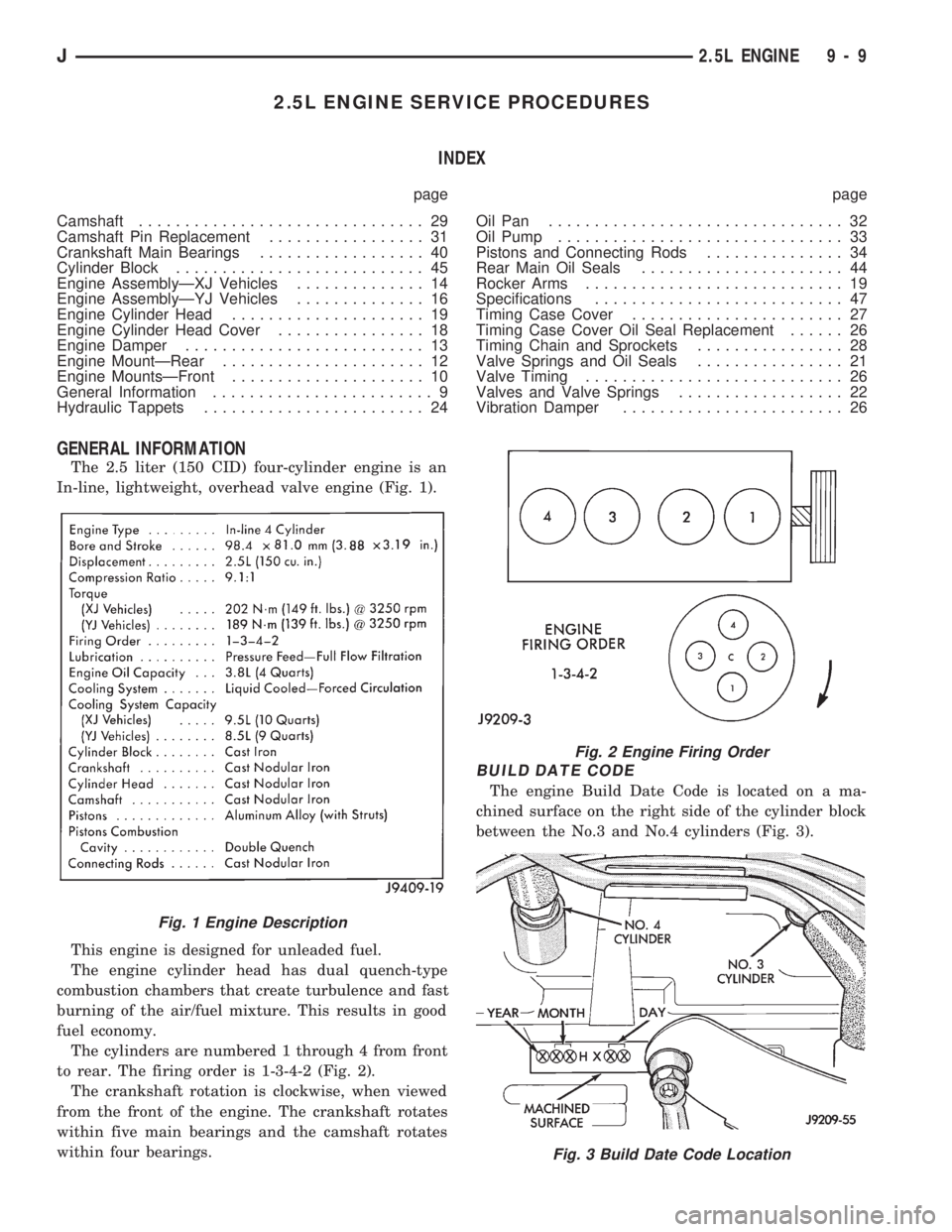 JEEP CHEROKEE 1994  Service Repair Manual 2.5L ENGINE SERVICE PROCEDURES
INDEX
page page
Camshaft............................... 29
Camshaft Pin Replacement................. 31
Crankshaft Main Bearings.................. 40
Cylinder Block.....