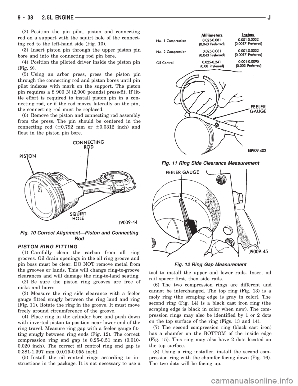 JEEP CHEROKEE 1994  Service Repair Manual (2) Position the pin pilot, piston and connecting
rod on a support with the squirt hole of the connect-
ing rod to the left-hand side (Fig. 10).
(3) Insert piston pin through the upper piston pin
bore