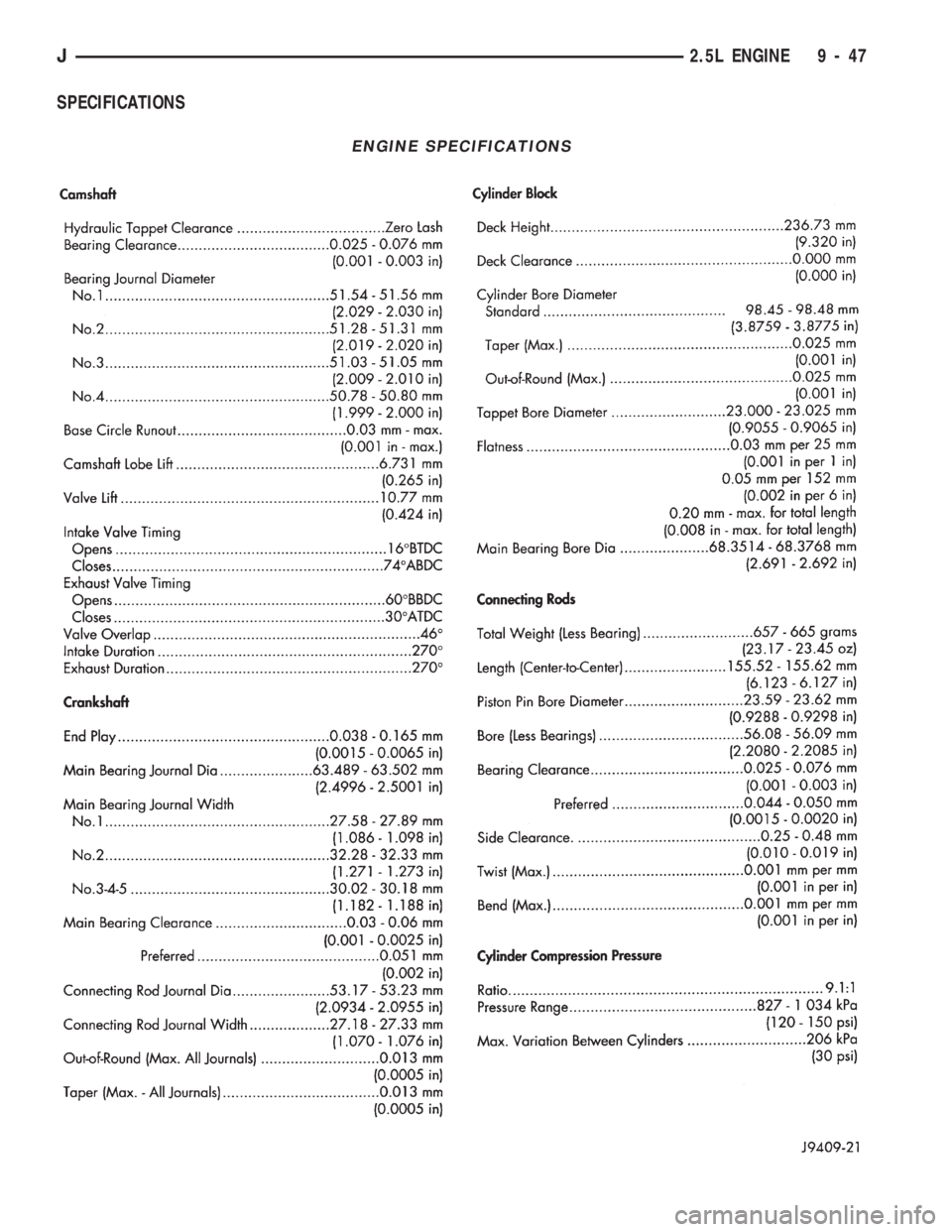 JEEP CHEROKEE 1994  Service Repair Manual SPECIFICATIONS
ENGINE SPECIFICATIONS
J2.5L ENGINE 9 - 47 