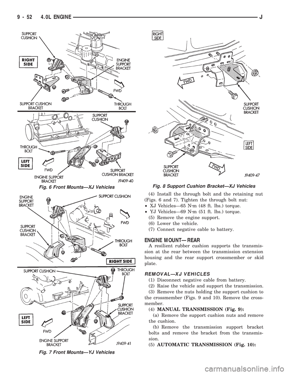JEEP CHEROKEE 1994  Service Repair Manual (4) Install the through bolt and the retaining nut
(Figs. 6 and 7). Tighten the through bolt nut:
²XJ VehiclesÐ65 Nzm (48 ft. lbs.) torque.
²YJ VehiclesÐ69 Nzm (51 ft. lbs.) torque.
(5) Remove the
