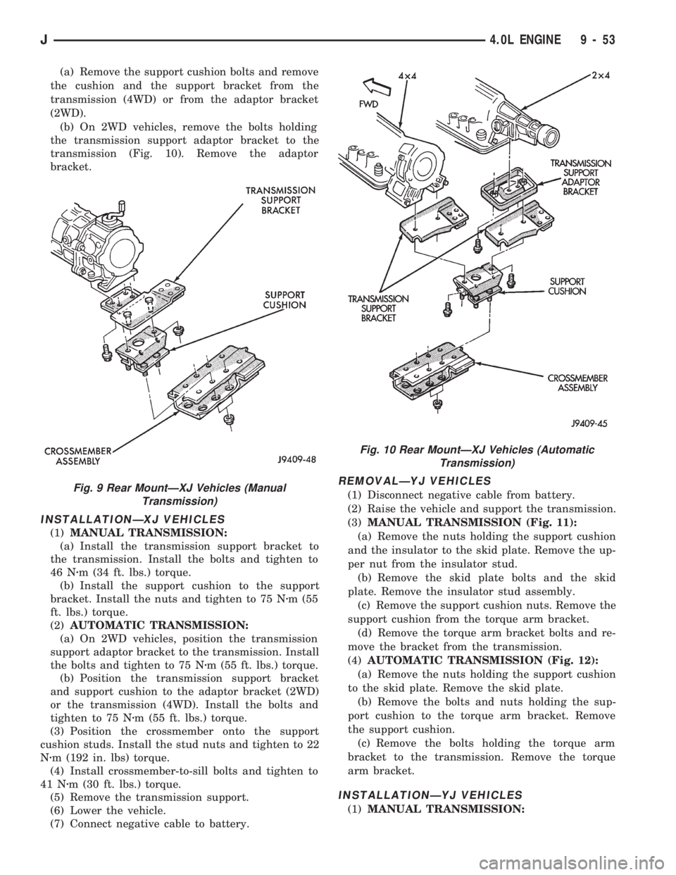 JEEP CHEROKEE 1994  Service Repair Manual (a) Remove the support cushion bolts and remove
the cushion and the support bracket from the
transmission (4WD) or from the adaptor bracket
(2WD).
(b) On 2WD vehicles, remove the bolts holding
the tra