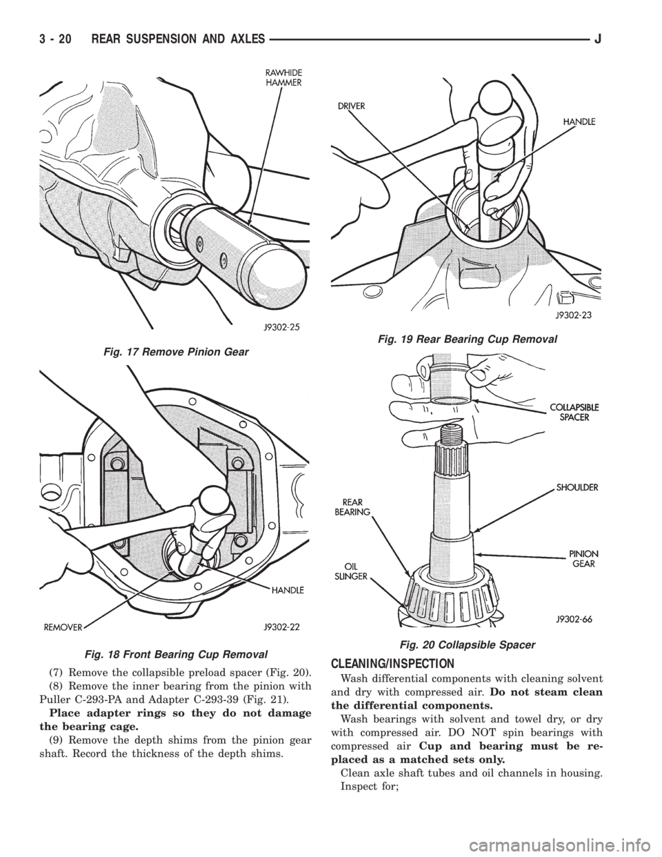 JEEP CHEROKEE 1995  Service Repair Manual (7) Remove the collapsible preload spacer (Fig. 20).
(8) Remove the inner bearing from the pinion with
Puller C-293-PA and Adapter C-293-39 (Fig. 21).
Place adapter rings so they do not damage
the bea