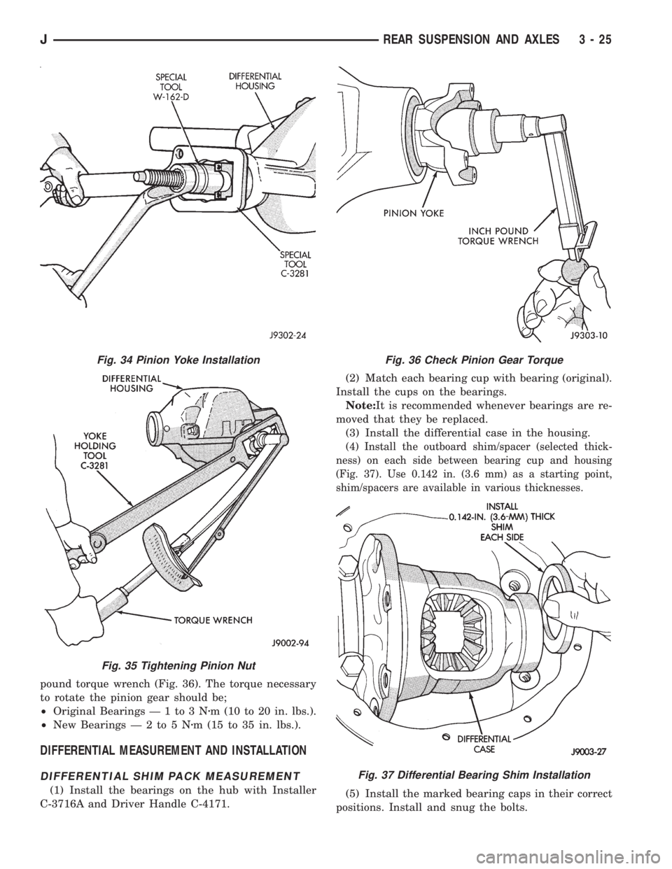 JEEP CHEROKEE 1995  Service Repair Manual pound torque wrench (Fig. 36). The torque necessary
to rotate the pinion gear should be;
²Original Bearings Ð 1 to 3 Nzm (10 to 20 in. lbs.).
²New BearingsÐ2to5Nzm (15 to 35 in. lbs.).
DIFFERENTIA