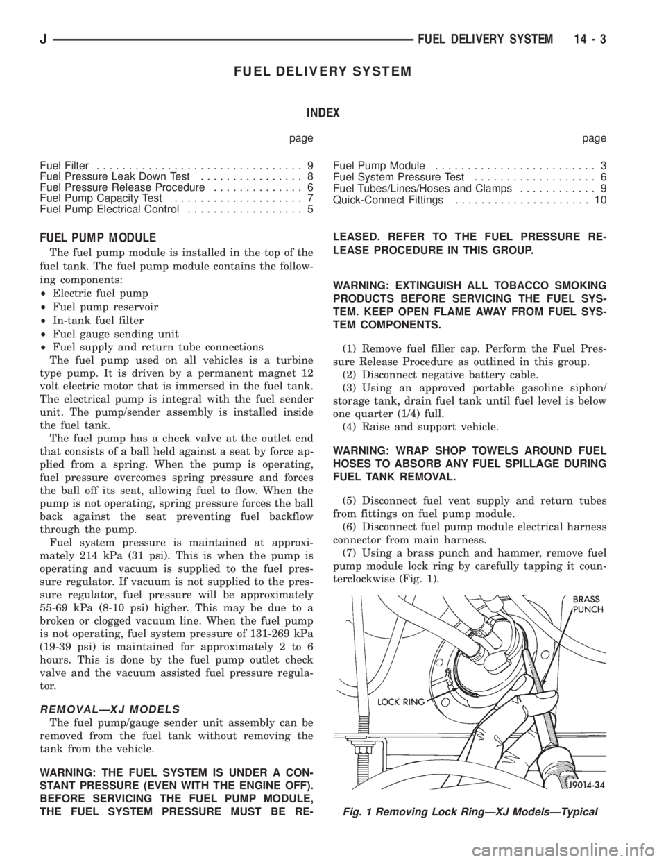 JEEP CHEROKEE 1995  Service Repair Manual FUEL DELIVERY SYSTEM
INDEX
page page
Fuel Filter................................ 9
Fuel Pressure Leak Down Test................ 8
Fuel Pressure Release Procedure.............. 6
Fuel Pump Capacity Tes