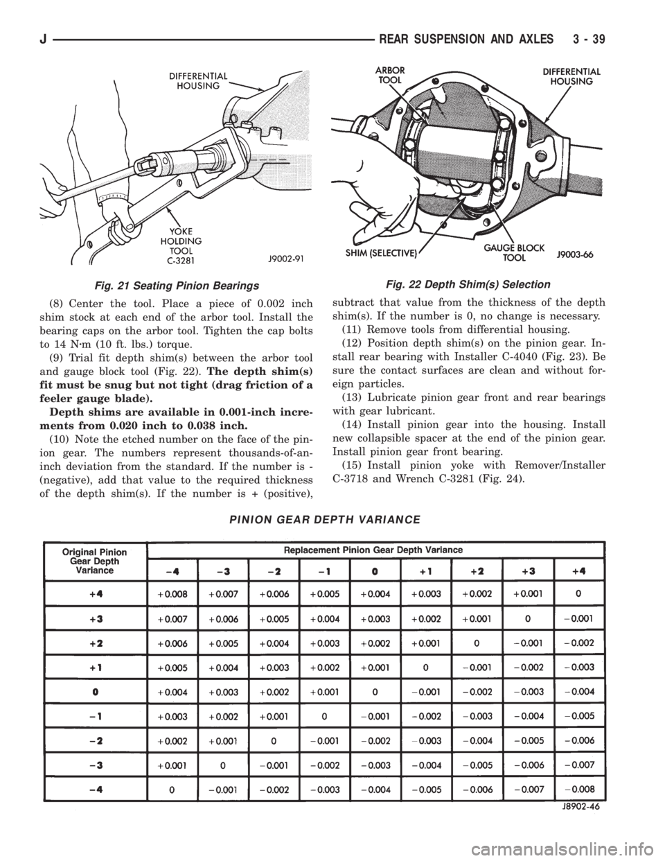JEEP CHEROKEE 1995  Service Repair Manual (8) Center the tool. Place a piece of 0.002 inch
shim stock at each end of the arbor tool. Install the
bearing caps on the arbor tool. Tighten the cap bolts
to 14 Nzm (10 ft. lbs.) torque.
(9) Trial f