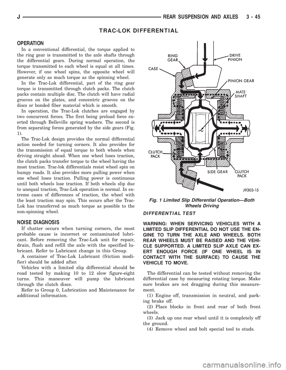 JEEP CHEROKEE 1995  Service Repair Manual TRAC-LOK DIFFERENTIAL
OPERATION
In a conventional differential, the torque applied to
the ring gear is transmitted to the axle shafts through
the differential gears. During normal operation, the
torqu