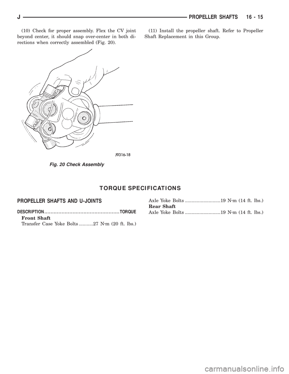 JEEP CHEROKEE 1995  Service Repair Manual (10) Check for proper assembly. Flex the CV joint
beyond center, it should snap over-center in both di-
rections when correctly assembled (Fig. 20).(11) Install the propeller shaft. Refer to Propeller