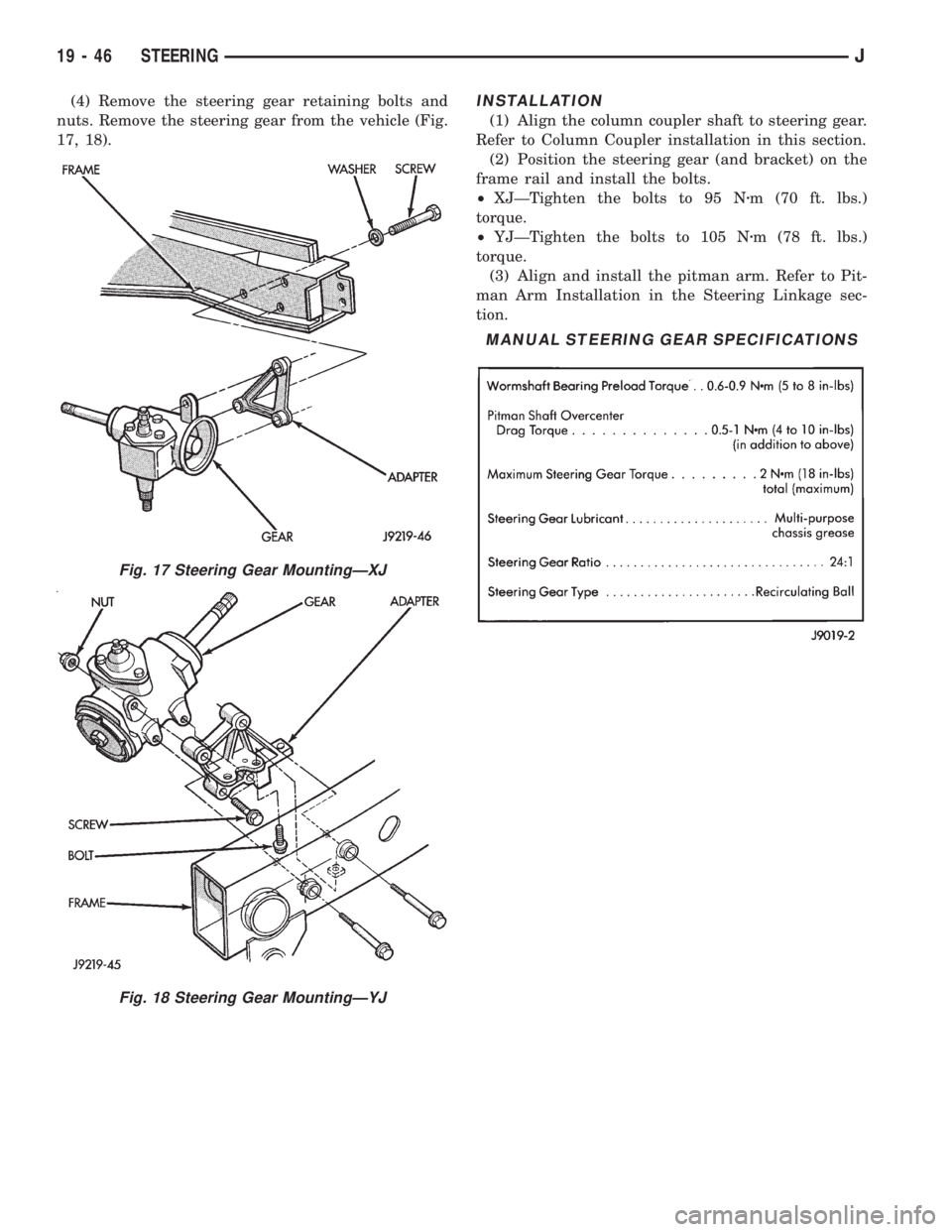 JEEP CHEROKEE 1995  Service Repair Manual (4) Remove the steering gear retaining bolts and
nuts. Remove the steering gear from the vehicle (Fig.
17, 18).INSTALLATION
(1) Align the column coupler shaft to steering gear.
Refer to Column Coupler