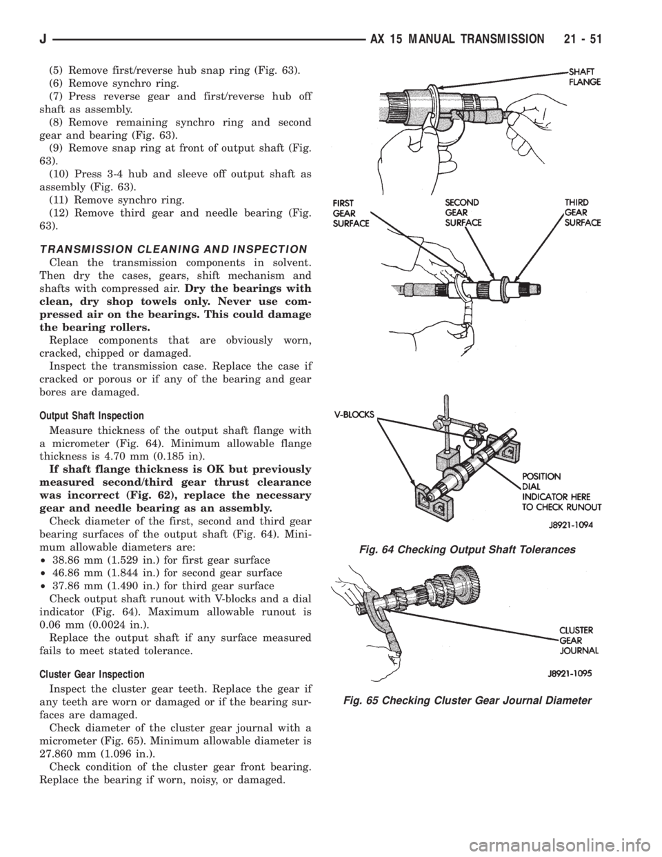 JEEP CHEROKEE 1995  Service Repair Manual (5) Remove first/reverse hub snap ring (Fig. 63).
(6) Remove synchro ring.
(7) Press reverse gear and first/reverse hub off
shaft as assembly.
(8) Remove remaining synchro ring and second
gear and bea