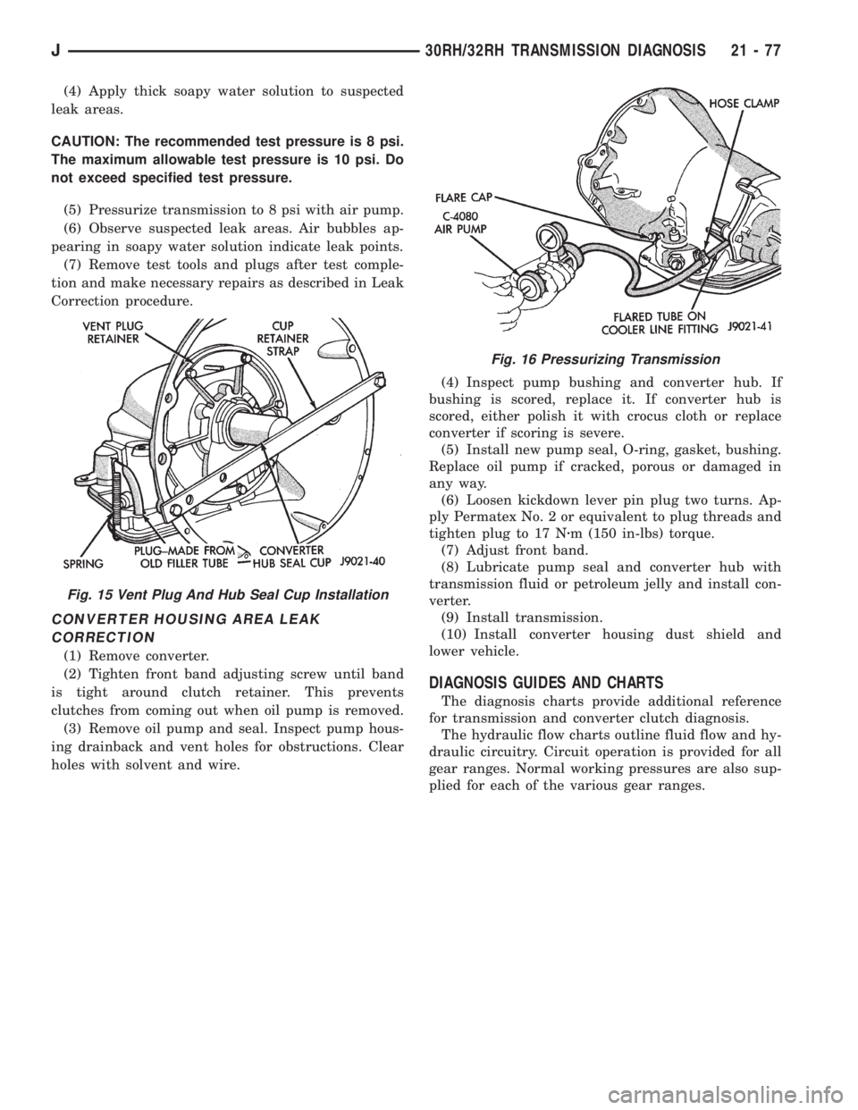 JEEP CHEROKEE 1995  Service Repair Manual (4) Apply thick soapy water solution to suspected
leak areas.
CAUTION: The recommended test pressure is 8 psi.
The maximum allowable test pressure is 10 psi. Do
not exceed specified test pressure.
(5)