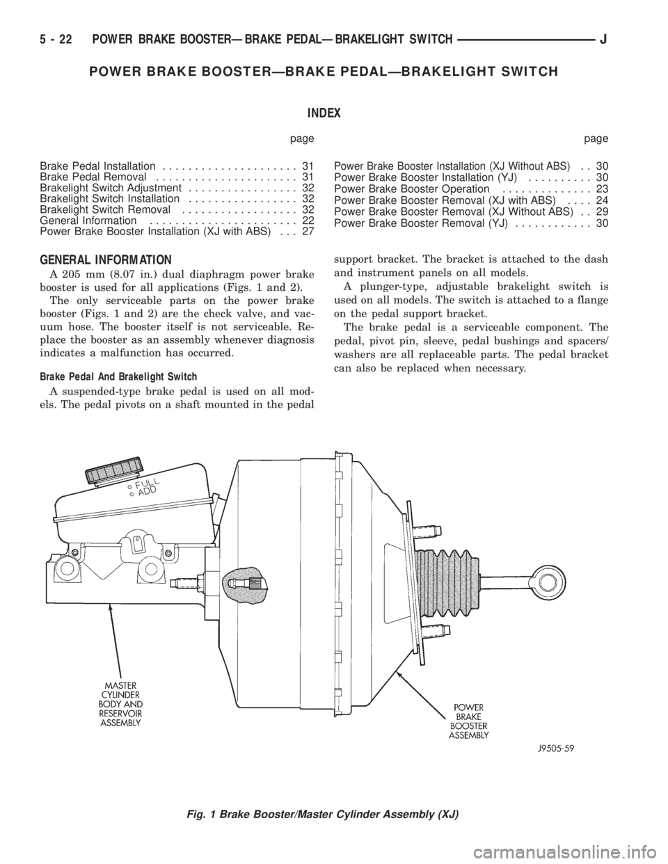 JEEP CHEROKEE 1995  Service Repair Manual POWER BRAKE BOOSTERÐBRAKE PEDALÐBRAKELIGHT SWITCH
INDEX
page page
Brake Pedal Installation..................... 31
Brake Pedal Removal...................... 31
Brakelight Switch Adjustment..........