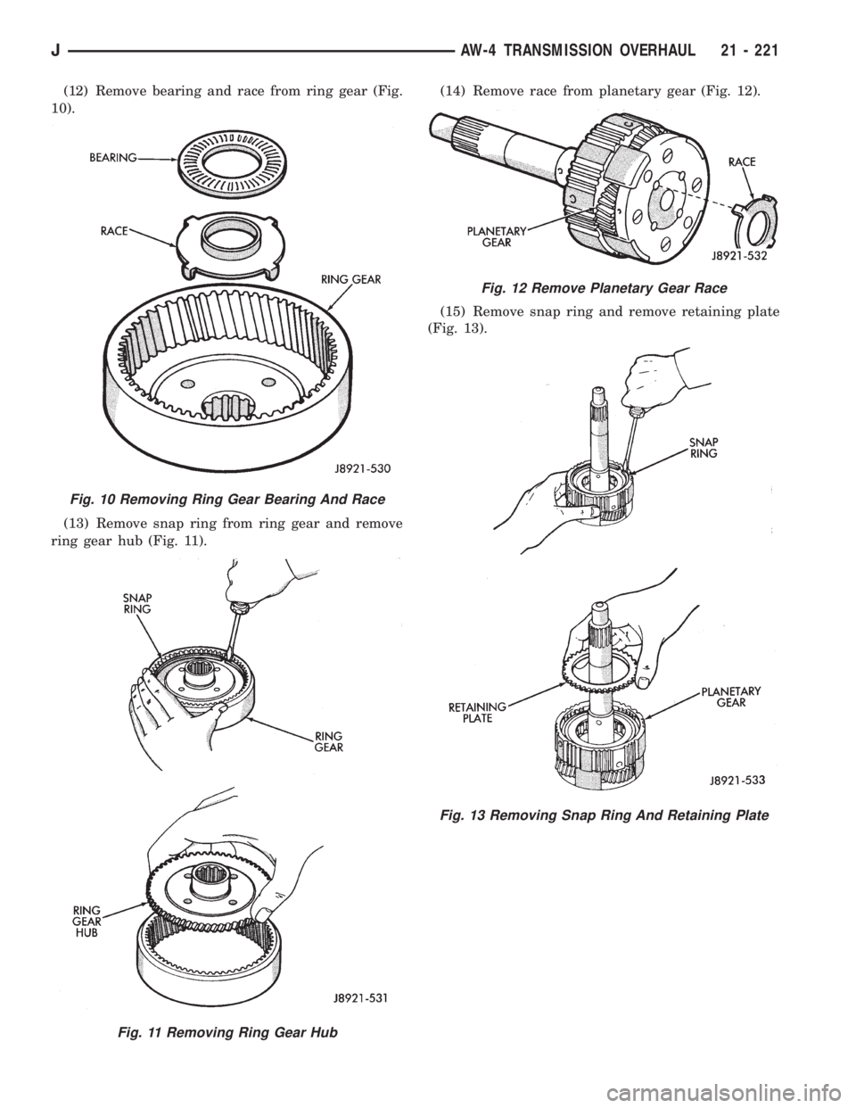JEEP CHEROKEE 1995  Service Repair Manual (12) Remove bearing and race from ring gear (Fig.
10).
(13) Remove snap ring from ring gear and remove
ring gear hub (Fig. 11).(14) Remove race from planetary gear (Fig. 12).
(15) Remove snap ring and