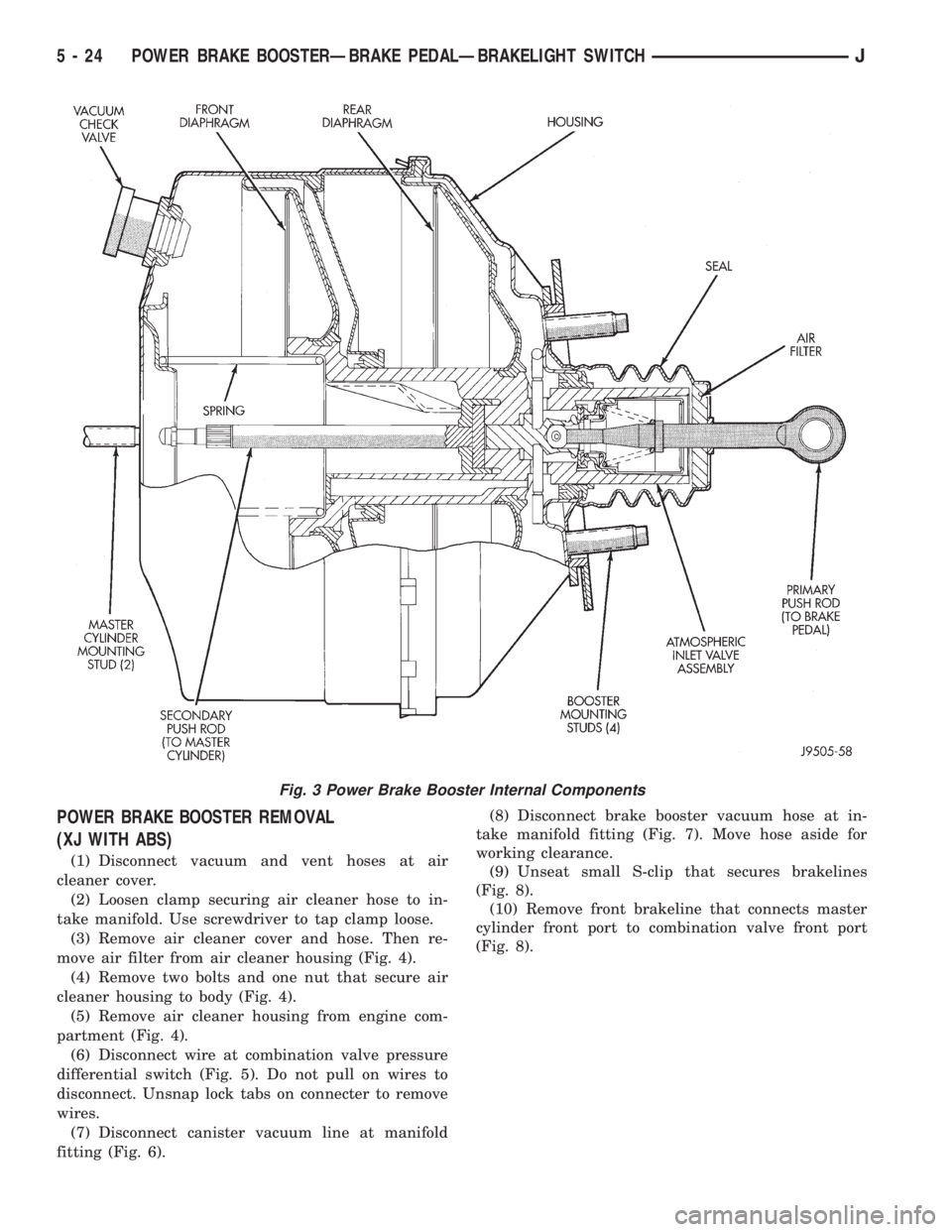 JEEP CHEROKEE 1995  Service Repair Manual POWER BRAKE BOOSTER REMOVAL
(XJ WITH ABS)
(1) Disconnect vacuum and vent hoses at air
cleaner cover.
(2) Loosen clamp securing air cleaner hose to in-
take manifold. Use screwdriver to tap clamp loose