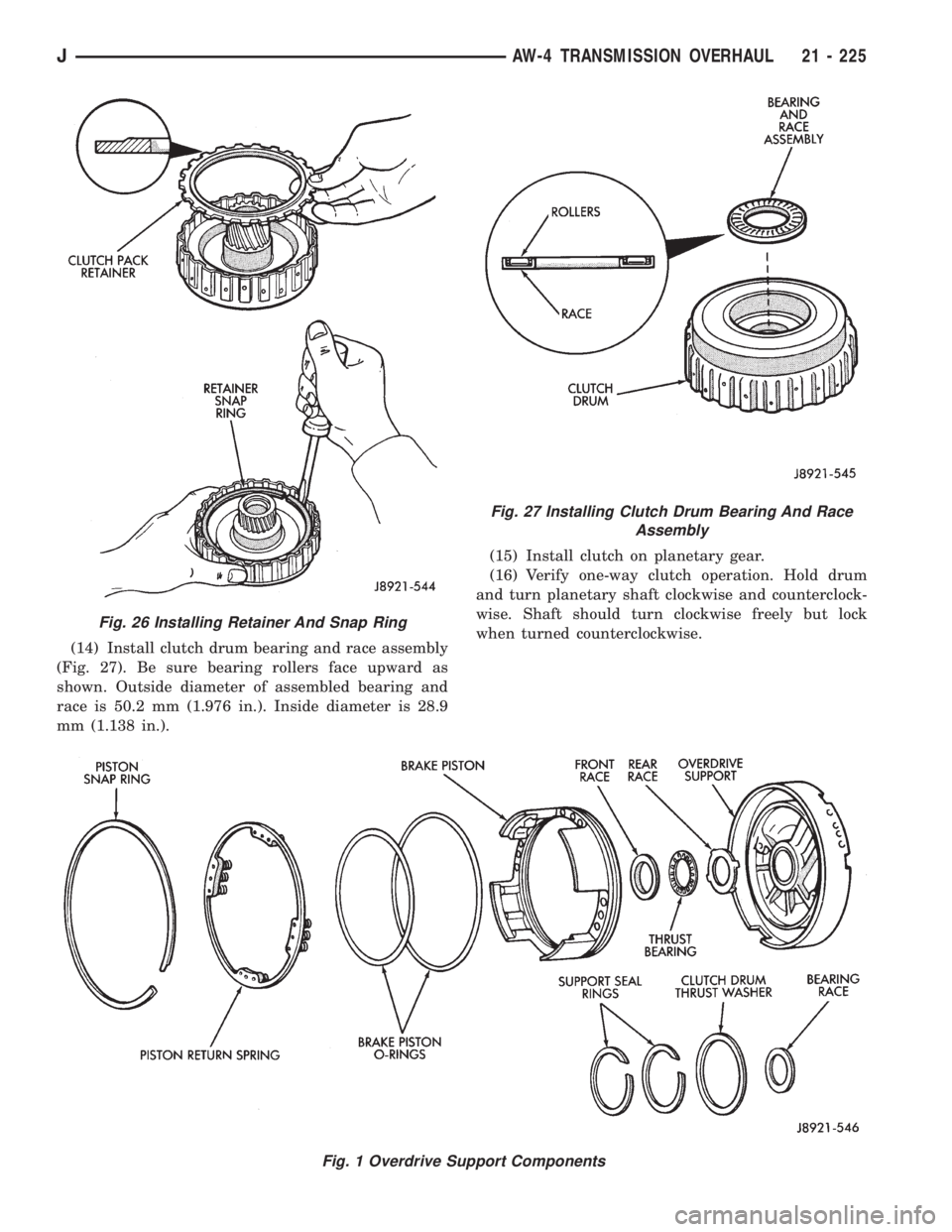 JEEP CHEROKEE 1995  Service Repair Manual (14) Install clutch drum bearing and race assembly
(Fig. 27). Be sure bearing rollers face upward as
shown. Outside diameter of assembled bearing and
race is 50.2 mm (1.976 in.). Inside diameter is 28