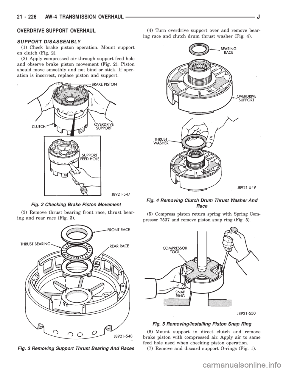 JEEP CHEROKEE 1995  Service Repair Manual OVERDRIVE SUPPORT OVERHAUL
SUPPORT DISASSEMBLY
(1) Check brake piston operation. Mount support
on clutch (Fig. 2).
(2) Apply compressed air through support feed hole
and observe brake piston movement 