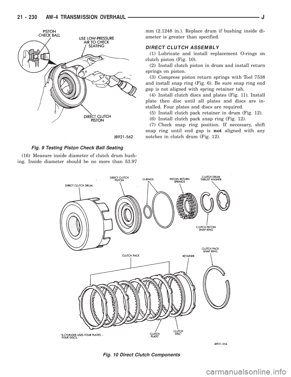 JEEP CHEROKEE 1995  Service Repair Manual (16) Measure inside diameter of clutch drum bush-
ing. Inside diameter should be no more than 53.97mm (2.1248 in.). Replace drum if bushing inside di-
ameter is greater than specified.
DIRECT CLUTCH A