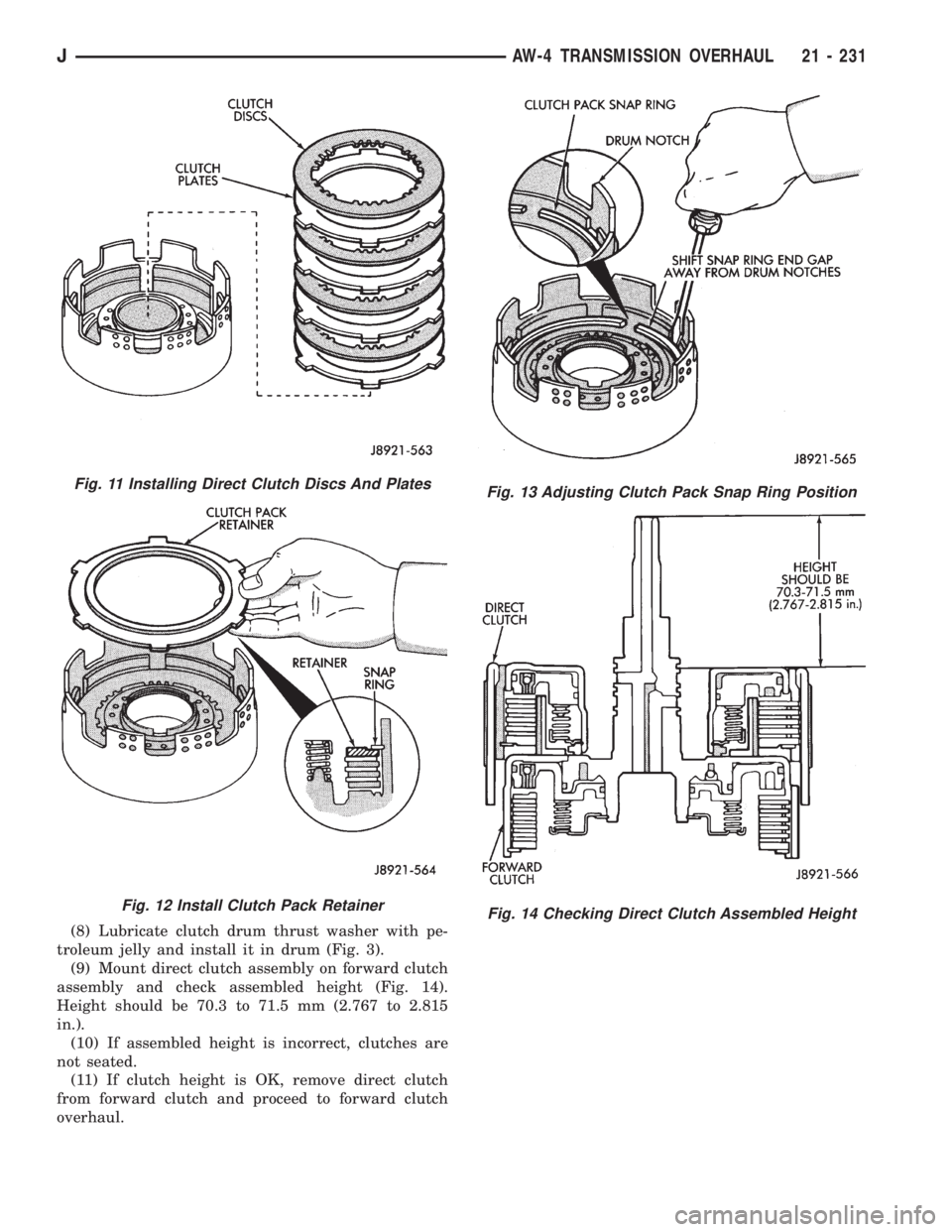 JEEP CHEROKEE 1995  Service Repair Manual (8) Lubricate clutch drum thrust washer with pe-
troleum jelly and install it in drum (Fig. 3).
(9) Mount direct clutch assembly on forward clutch
assembly and check assembled height (Fig. 14).
Height