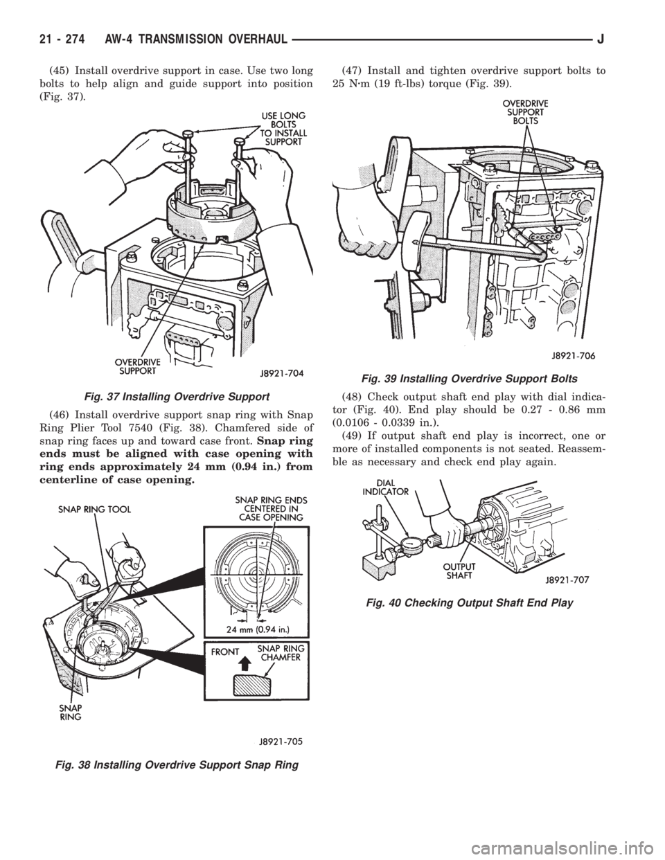 JEEP CHEROKEE 1995  Service Repair Manual (45) Install overdrive support in case. Use two long
bolts to help align and guide support into position
(Fig. 37).
(46) Install overdrive support snap ring with Snap
Ring Plier Tool 7540 (Fig. 38). C