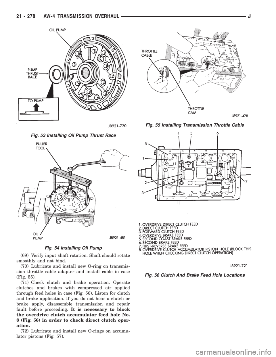 JEEP CHEROKEE 1995  Service Repair Manual (69) Verify input shaft rotation. Shaft should rotate
smoothly and not bind.
(70) Lubricate and install new O-ring on transmis-
sion throttle cable adapter and install cable in case
(Fig. 55).
(71) Ch