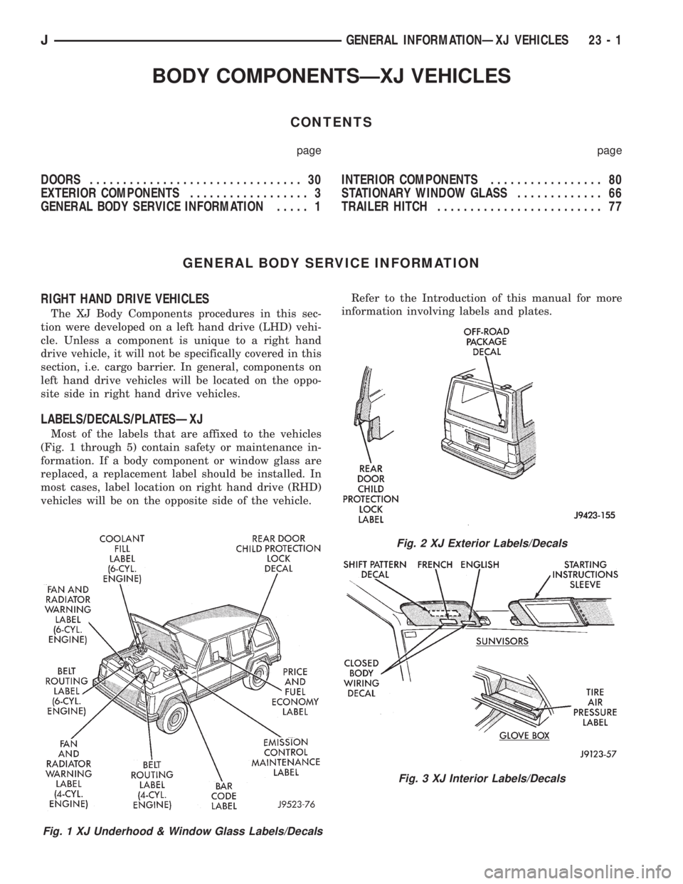 JEEP CHEROKEE 1995 Service Repair Manual BODY COMPONENTSÐXJ VEHICLES
CONTENTS
page page
DOORS................................ 30
EXTERIOR COMPONENTS.................. 3
GENERAL BODY SERVICE INFORMATION..... 1INTERIOR COMPONENTS............. JEEP CHEROKEE 1995 Service Repair Manual BODY COMPONENTSÐXJ VEHICLES
CONTENTS
page page
DOORS................................ 30
EXTERIOR COMPONENTS.................. 3
GENERAL BODY SERVICE INFORMATION..... 1INTERIOR COMPONENTS.............
