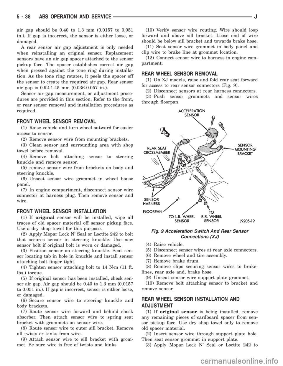 JEEP CHEROKEE 1995  Service Repair Manual air gap should be 0.40 to 1.3 mm (0.0157 to 0.051
in.). If gap is incorrect, the sensor is either loose, or
damaged.
A rear sensor air gap adjustment is only needed
when reinstalling an original senso