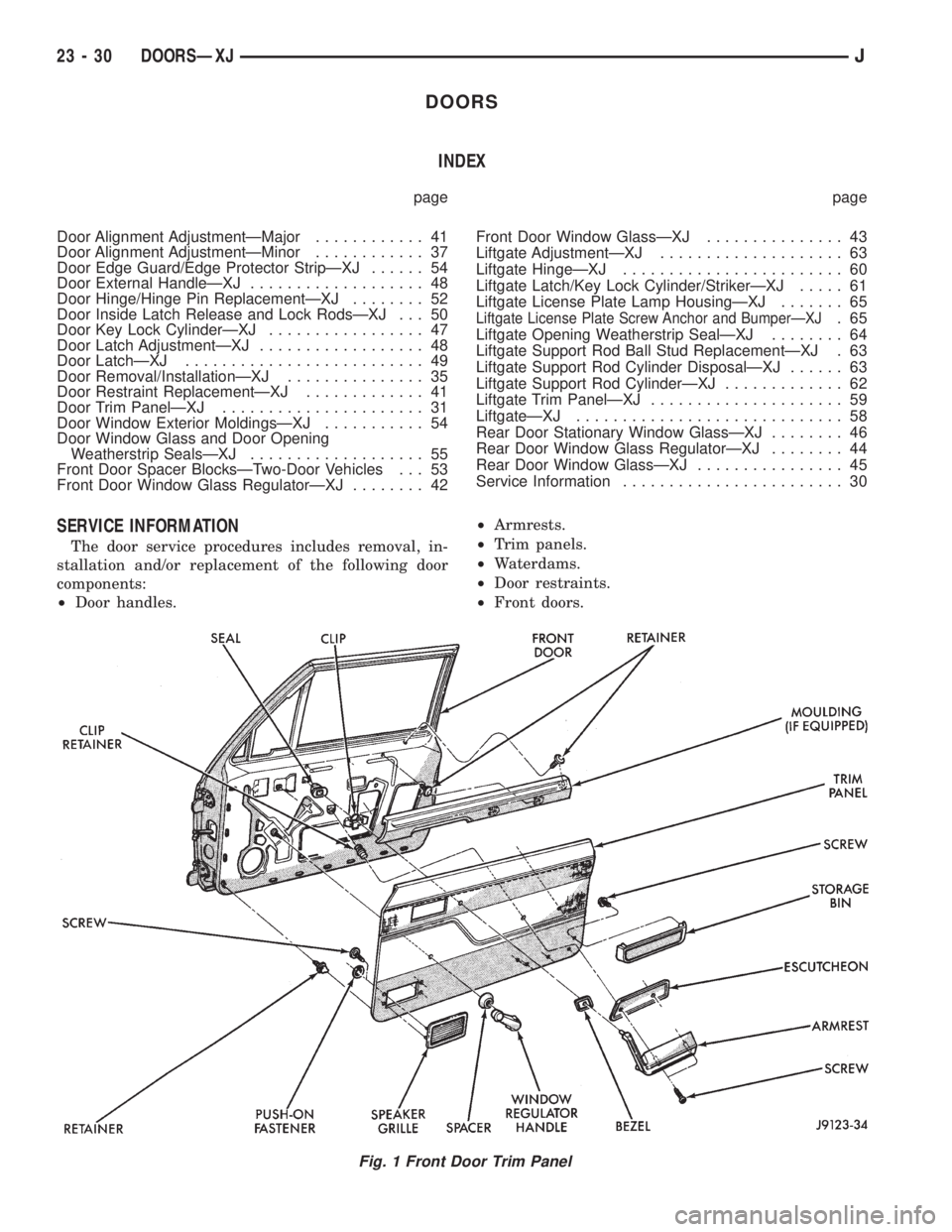 JEEP CHEROKEE 1995  Service Repair Manual DOORS
INDEX
page page
Door Alignment AdjustmentÐMajor............ 41
Door Alignment AdjustmentÐMinor............ 37
Door Edge Guard/Edge Protector StripÐXJ...... 54
Door External HandleÐXJ........
