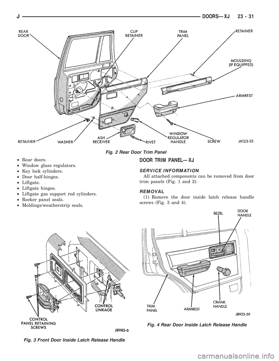 JEEP CHEROKEE 1995  Service Repair Manual ²Rear doors.
²Window glass regulators.
²Key lock cylinders.
²Door half-hinges.
²Liftgate.
²Liftgate hinges.
²Liftgate gas support rod cylinders.
²Rocker panel seals.
²Moldings/weatherstrip se