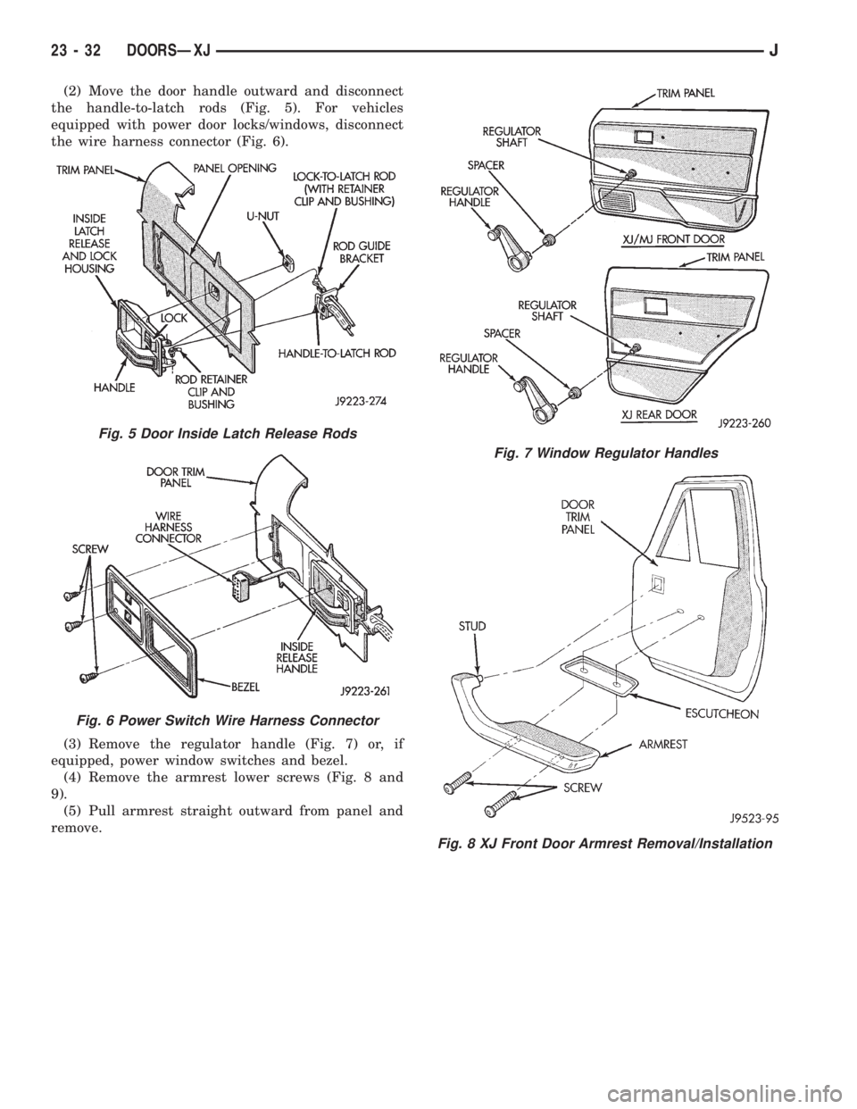 JEEP CHEROKEE 1995  Service Repair Manual (2) Move the door handle outward and disconnect
the handle-to-latch rods (Fig. 5). For vehicles
equipped with power door locks/windows, disconnect
the wire harness connector (Fig. 6).
(3) Remove the r