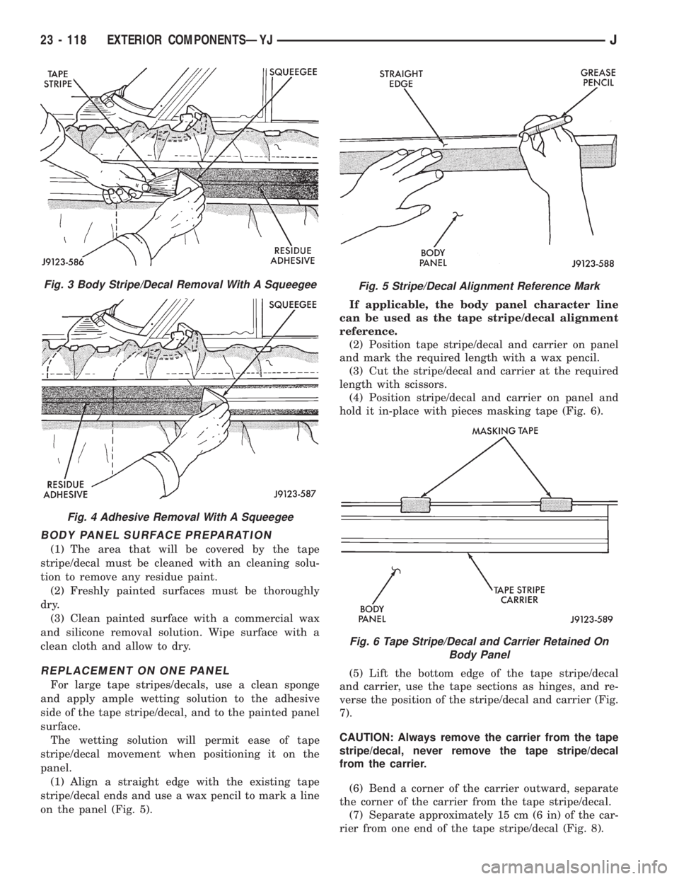 JEEP CHEROKEE 1995  Service Repair Manual BODY PANEL SURFACE PREPARATION
(1) The area that will be covered by the tape
stripe/decal must be cleaned with an cleaning solu-
tion to remove any residue paint.
(2) Freshly painted surfaces must be 