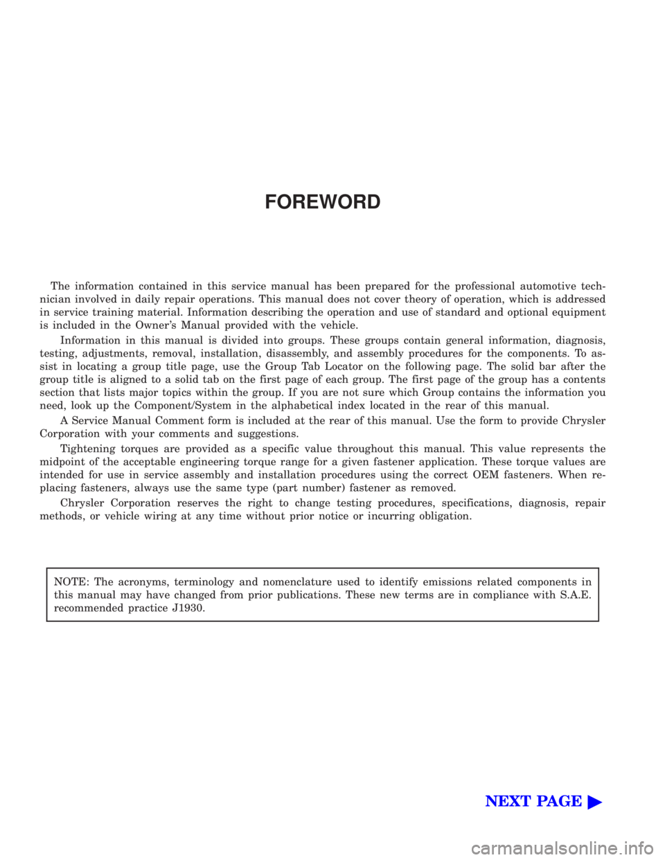 JEEP CHEROKEE 1995  Service Repair Manual FOREWORD
The information contained in this service manual has been prepared for the professional automotive tech-
nician involved in daily repair operations. This manual does not cover theory of opera