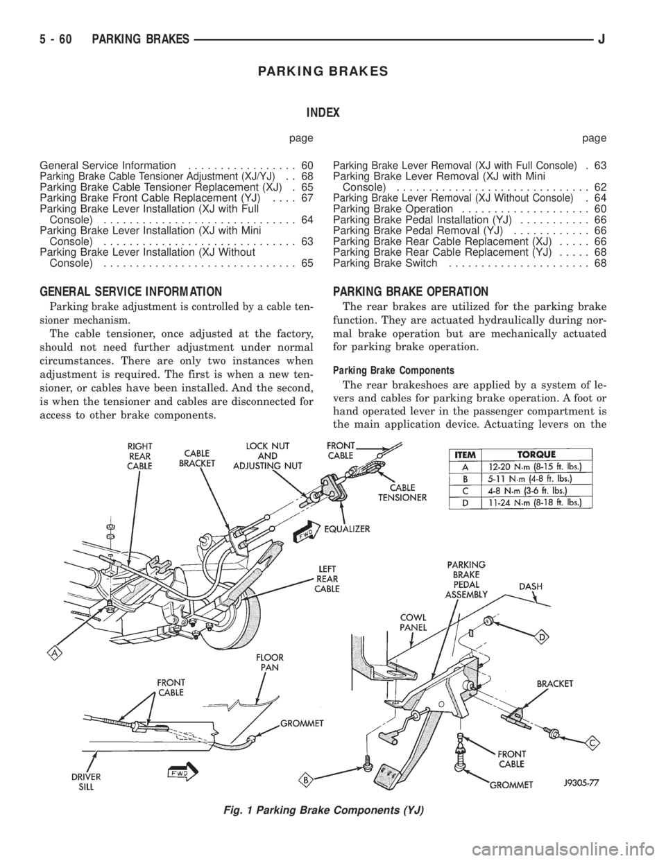 JEEP CHEROKEE 1995  Service Repair Manual PARKING BRAKES
INDEX
page page
General Service Information................. 60
Parking Brake Cable Tensioner Adjustment (XJ/YJ).. 68
Parking Brake Cable Tensioner Replacement (XJ) . 65
Parking Brake F