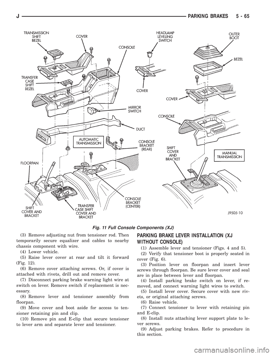 JEEP CHEROKEE 1995  Service Repair Manual (3) Remove adjusting nut from tensioner rod. Then
temporarily secure equalizer and cables to nearby
chassis component with wire.
(4) Lower vehicle.
(5) Raise lever cover at rear and tilt it forward
(F