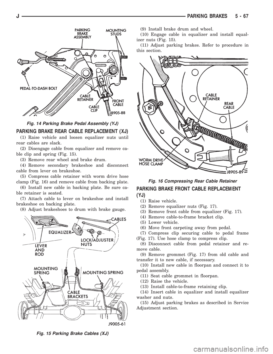 JEEP CHEROKEE 1995  Service Repair Manual PARKING BRAKE REAR CABLE REPLACEMENT (XJ)
(1) Raise vehicle and loosen equalizer nuts until
rear cables are slack.
(2) Disengage cable from equalizer and remove ca-
ble clip and spring (Fig. 15).
(3) 