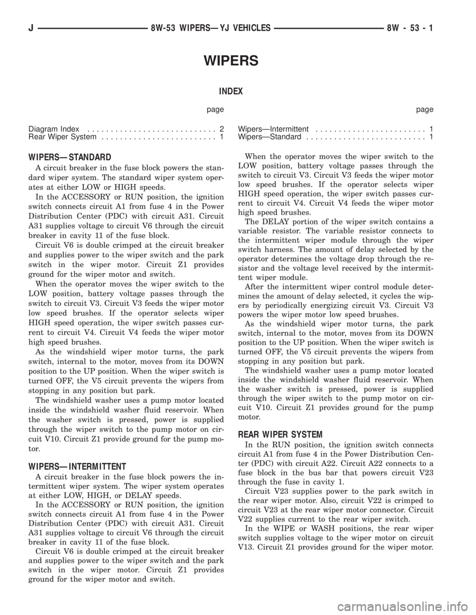 JEEP CHEROKEE 1995  Service Repair Manual WIPERS
INDEX
page page
Diagram Index............................ 2
Rear Wiper System......................... 1WipersÐIntermittent........................ 1
WipersÐStandard..........................