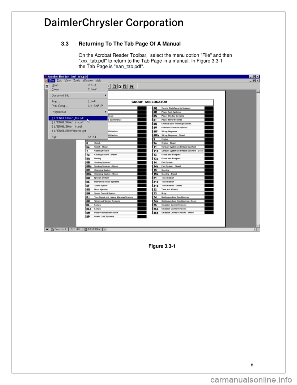 JEEP CHEROKEE 1995  Service Repair Manual 6
3.3  Returning To The Tab Page Of A Manual
On the Acrobat Reader Toolbar,  select the menu option "File" and then
"xxx_tab.pdf" to return to the Tab Page in a manual. In Figure 3.3-1
the Tab Page is