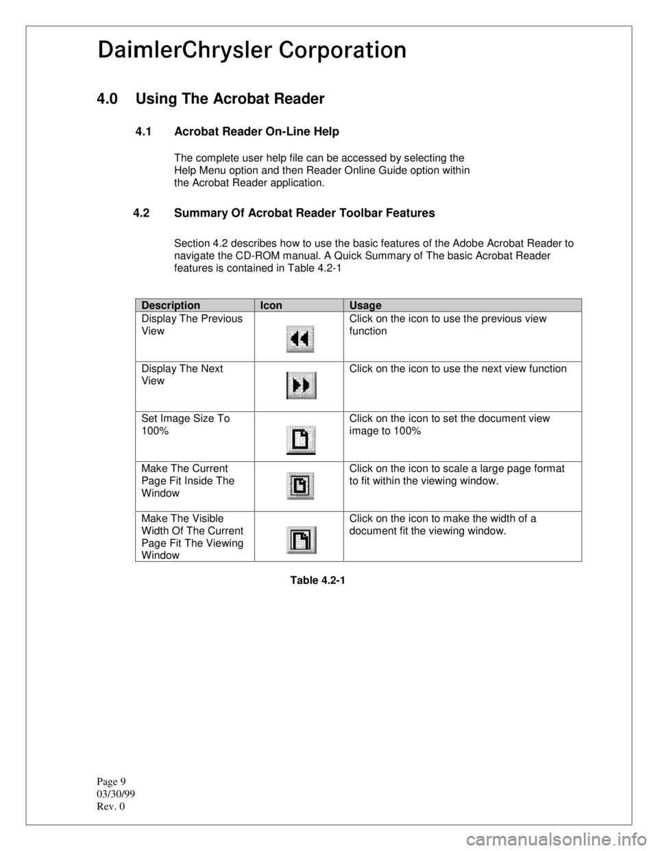 JEEP CHEROKEE 1995  Service Repair Manual Page 9
03/30/99
Rev. 0
4.0  Using The Acrobat Reader
4.1  Acrobat Reader On-Line Help
The complete user help file can be accessed by selecting the
Help Menu option and then Reader Online Guide option 
