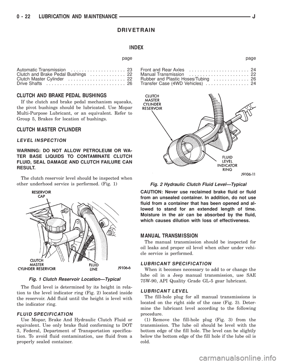 JEEP CHEROKEE 1995  Service Repair Manual DRIVETRAIN
INDEX
page page
Automatic Transmission.................... 23
Clutch and Brake Pedal Bushings............. 22
Clutch Master Cylinder..................... 22
Drive Shafts....................