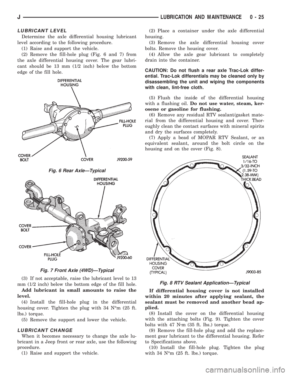 JEEP CHEROKEE 1995  Service Repair Manual LUBRICANT LEVEL
Determine the axle differential housing lubricant
level according to the following procedure.
(1) Raise and support the vehicle.
(2) Remove the fill-hole plug (Fig. 6 and 7) from
the a