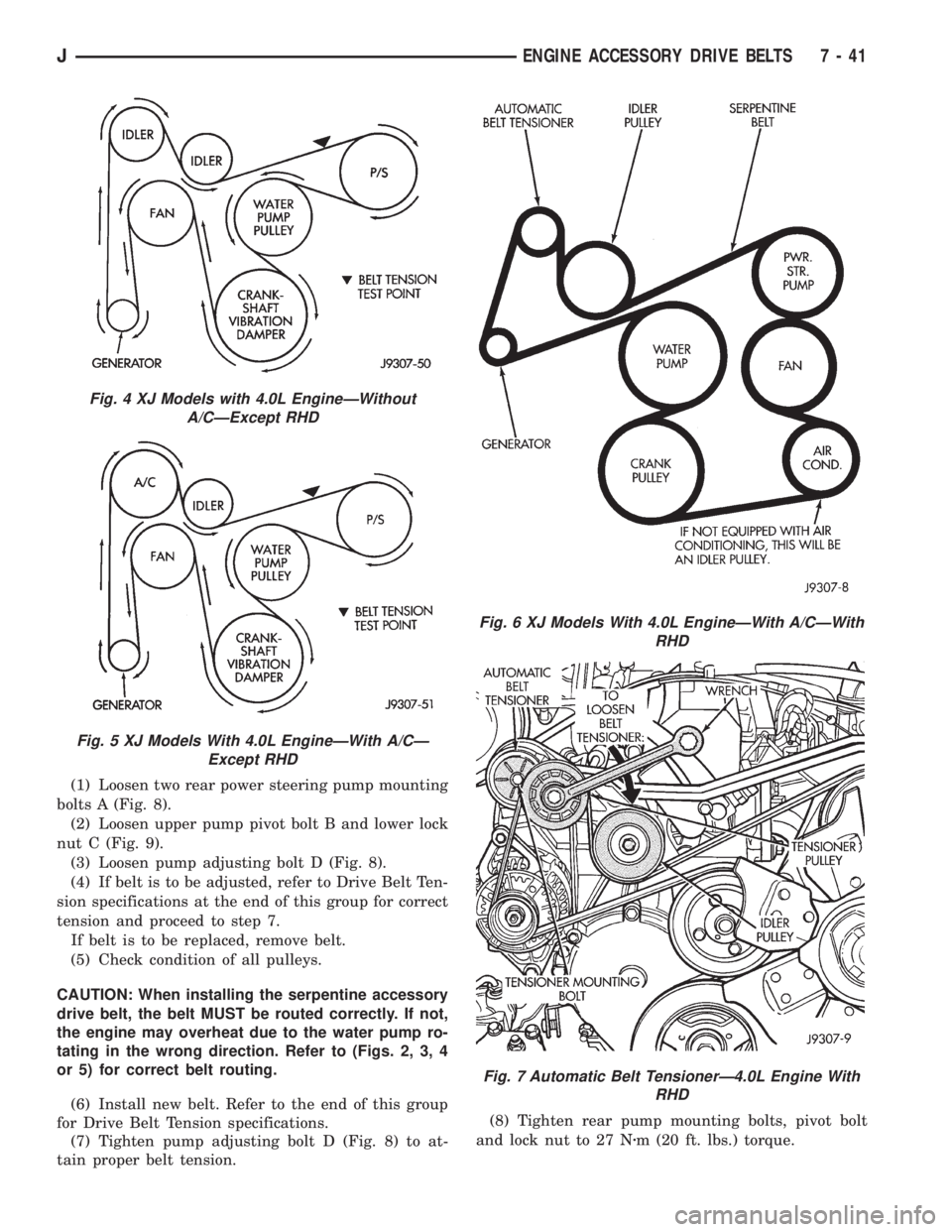 JEEP CHEROKEE 1995 Service Repair Manual (1) Loosen two rear power steering pump mounting
bolts A (Fig. 8).
(2) Loosen upper pump pivot bolt B and lower lock
nut C (Fig. 9).
(3) Loosen pump adjusting bolt D (Fig. 8).
(4) If belt is to be adj JEEP CHEROKEE 1995 Service Repair Manual (1) Loosen two rear power steering pump mounting
bolts A (Fig. 8).
(2) Loosen upper pump pivot bolt B and lower lock
nut C (Fig. 9).
(3) Loosen pump adjusting bolt D (Fig. 8).
(4) If belt is to be adj