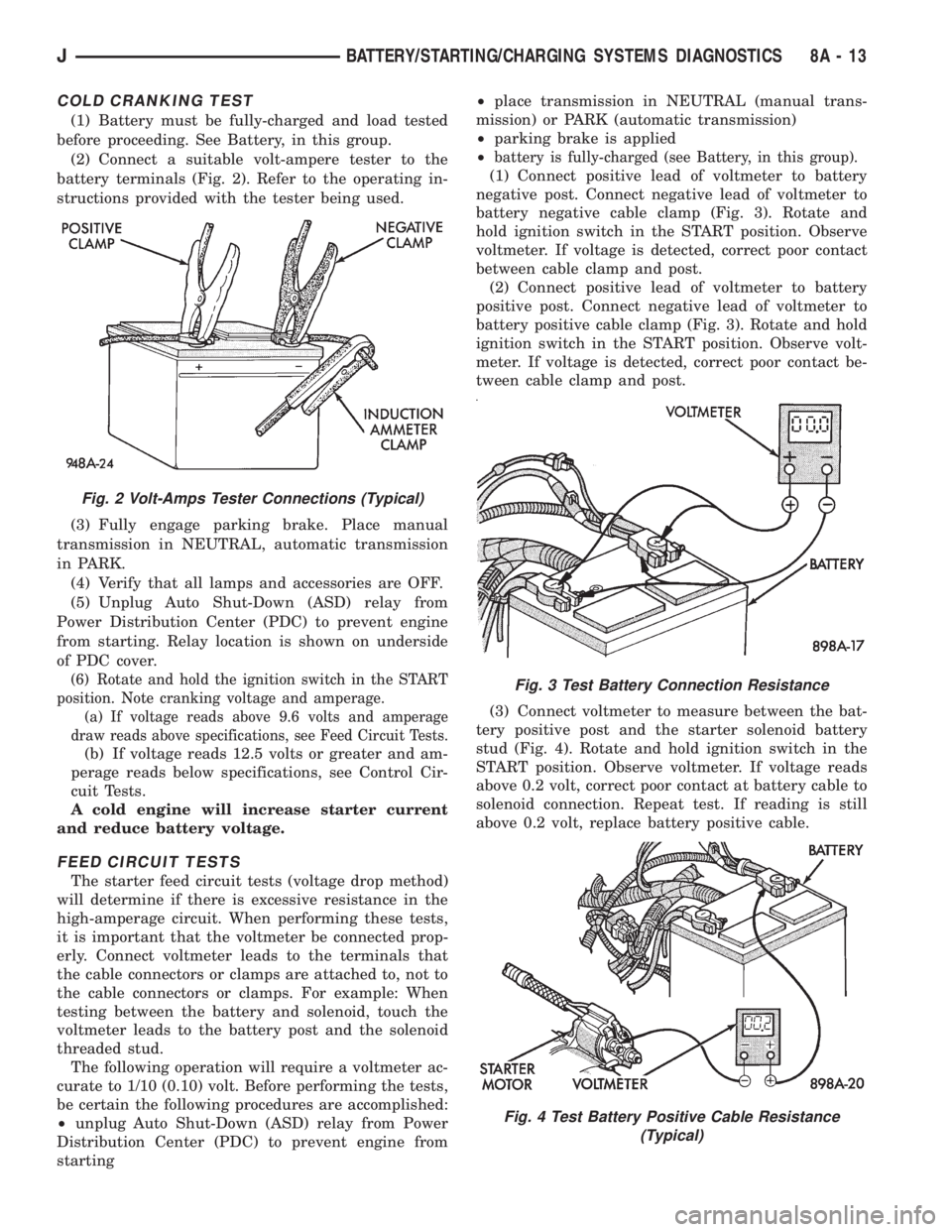 JEEP CHEROKEE 1995 Service Repair Manual COLD CRANKING TEST
(1) Battery must be fully-charged and load tested
before proceeding. See Battery, in this group.
(2) Connect a suitable volt-ampere tester to the
battery terminals (Fig. 2). Refer t JEEP CHEROKEE 1995 Service Repair Manual COLD CRANKING TEST
(1) Battery must be fully-charged and load tested
before proceeding. See Battery, in this group.
(2) Connect a suitable volt-ampere tester to the
battery terminals (Fig. 2). Refer t