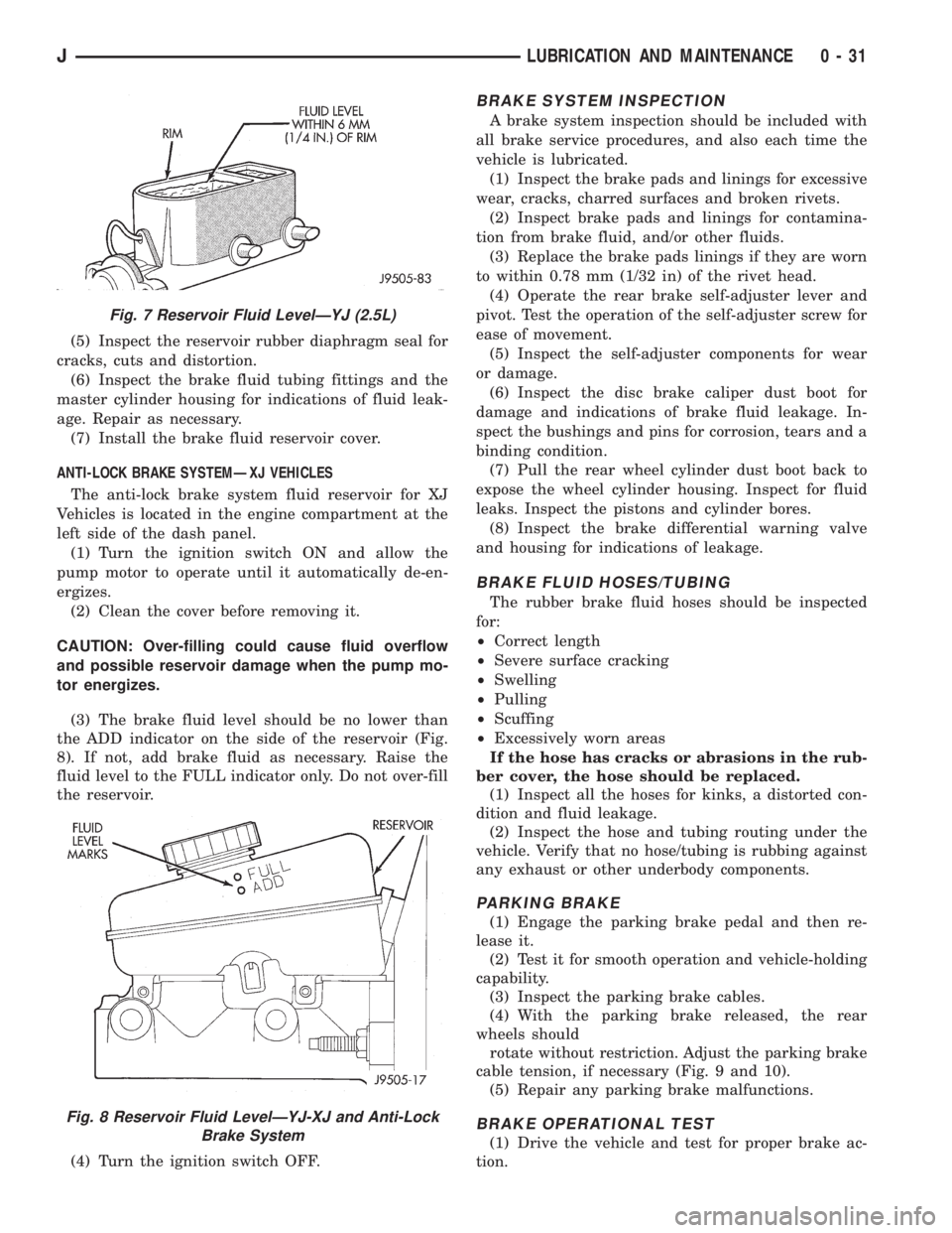 JEEP CHEROKEE 1995  Service Repair Manual (5) Inspect the reservoir rubber diaphragm seal for
cracks, cuts and distortion.
(6) Inspect the brake fluid tubing fittings and the
master cylinder housing for indications of fluid leak-
age. Repair 