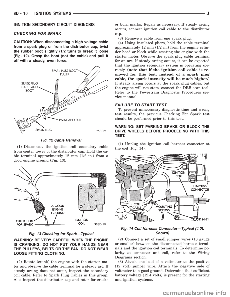 JEEP CHEROKEE 1995  Service Repair Manual IGNITION SECONDARY CIRCUIT DIAGNOSIS
CHECKING FOR SPARK
CAUTION: When disconnecting a high voltage cable
from a spark plug or from the distributor cap, twist
the rubber boot slightly (1/2 turn) to bre
