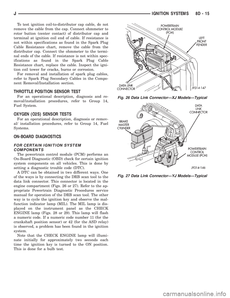 JEEP CHEROKEE 1995  Service Repair Manual To test ignition coil-to-distributor cap cable, do not
remove the cable from the cap. Connect ohmmeter to
rotor button (center contact) of distributor cap and
terminal at ignition coil end of cable. I