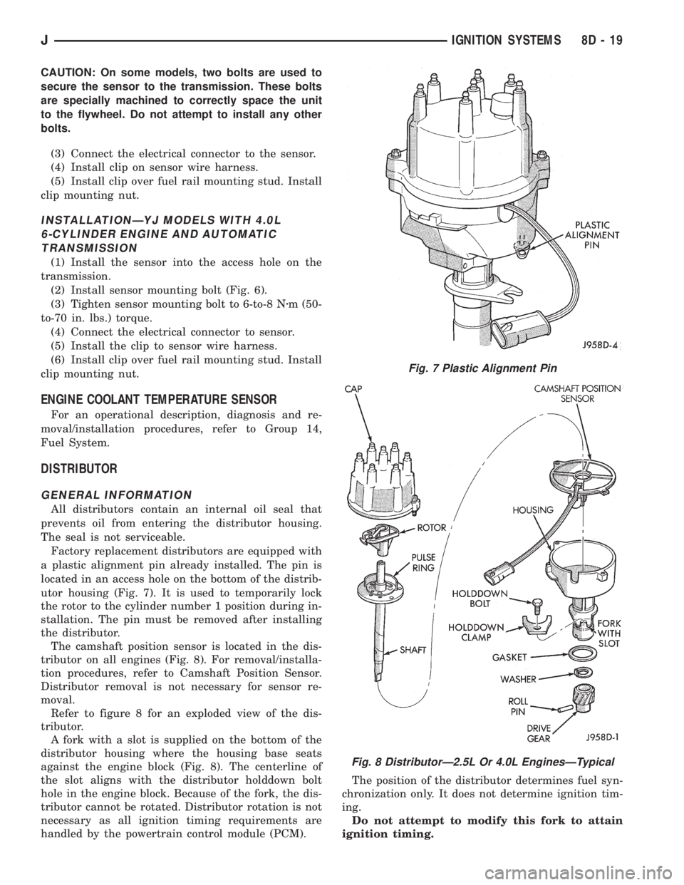 JEEP CHEROKEE 1995  Service Repair Manual CAUTION: On some models, two bolts are used to
secure the sensor to the transmission. These bolts
are specially machined to correctly space the unit
to the flywheel. Do not attempt to install any othe