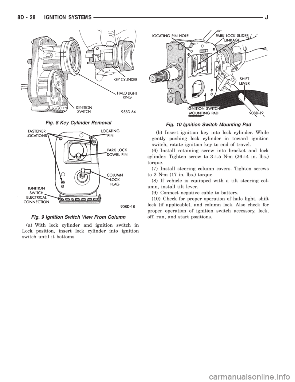 JEEP CHEROKEE 1995  Service Repair Manual (a) With lock cylinder and ignition switch in
Lock position, insert lock cylinder into ignition
switch until it bottoms.(b) Insert ignition key into lock cylinder. While
gently pushing lock cylinder i