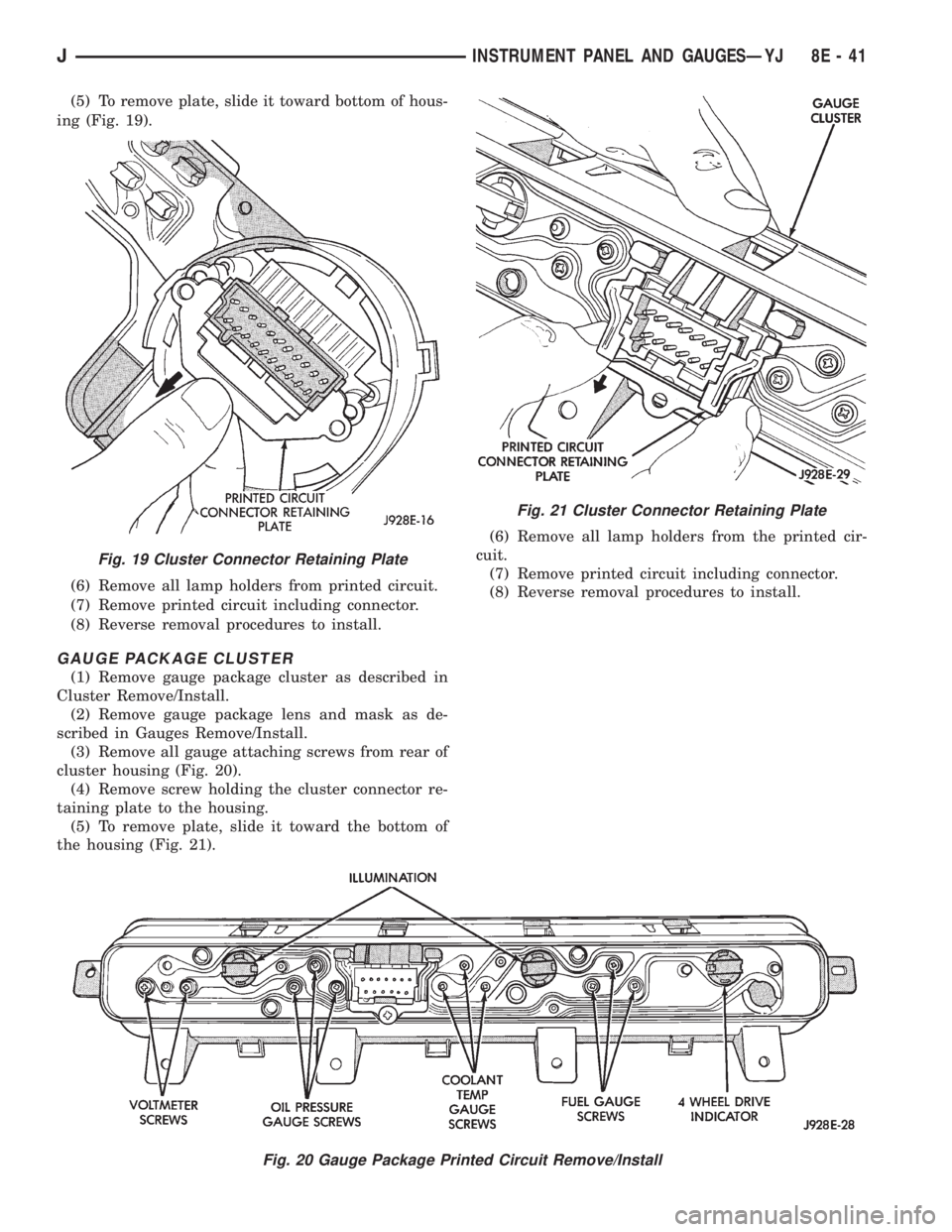 JEEP CHEROKEE 1995  Service Repair Manual (5) To remove plate, slide it toward bottom of hous-
ing (Fig. 19).
(6) Remove all lamp holders from printed circuit.
(7) Remove printed circuit including connector.
(8) Reverse removal procedures to 