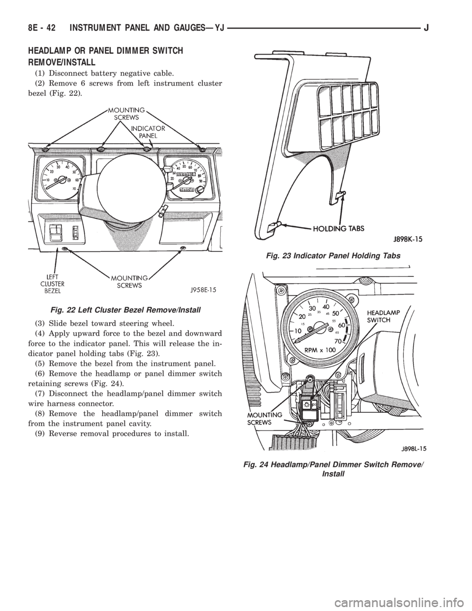 JEEP CHEROKEE 1995  Service Repair Manual HEADLAMP OR PANEL DIMMER SWITCH
REMOVE/INSTALL
(1) Disconnect battery negative cable.
(2) Remove 6 screws from left instrument cluster
bezel (Fig. 22).
(3) Slide bezel toward steering wheel.
(4) Apply