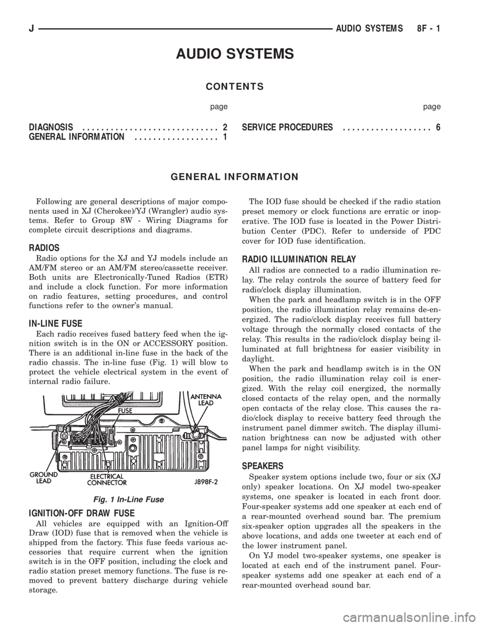 JEEP CHEROKEE 1995  Service Repair Manual AUDIO SYSTEMS
CONTENTS
page page
DIAGNOSIS............................. 2
GENERAL INFORMATION.................. 1SERVICE PROCEDURES................... 6
GENERAL INFORMATION
Following are general descr