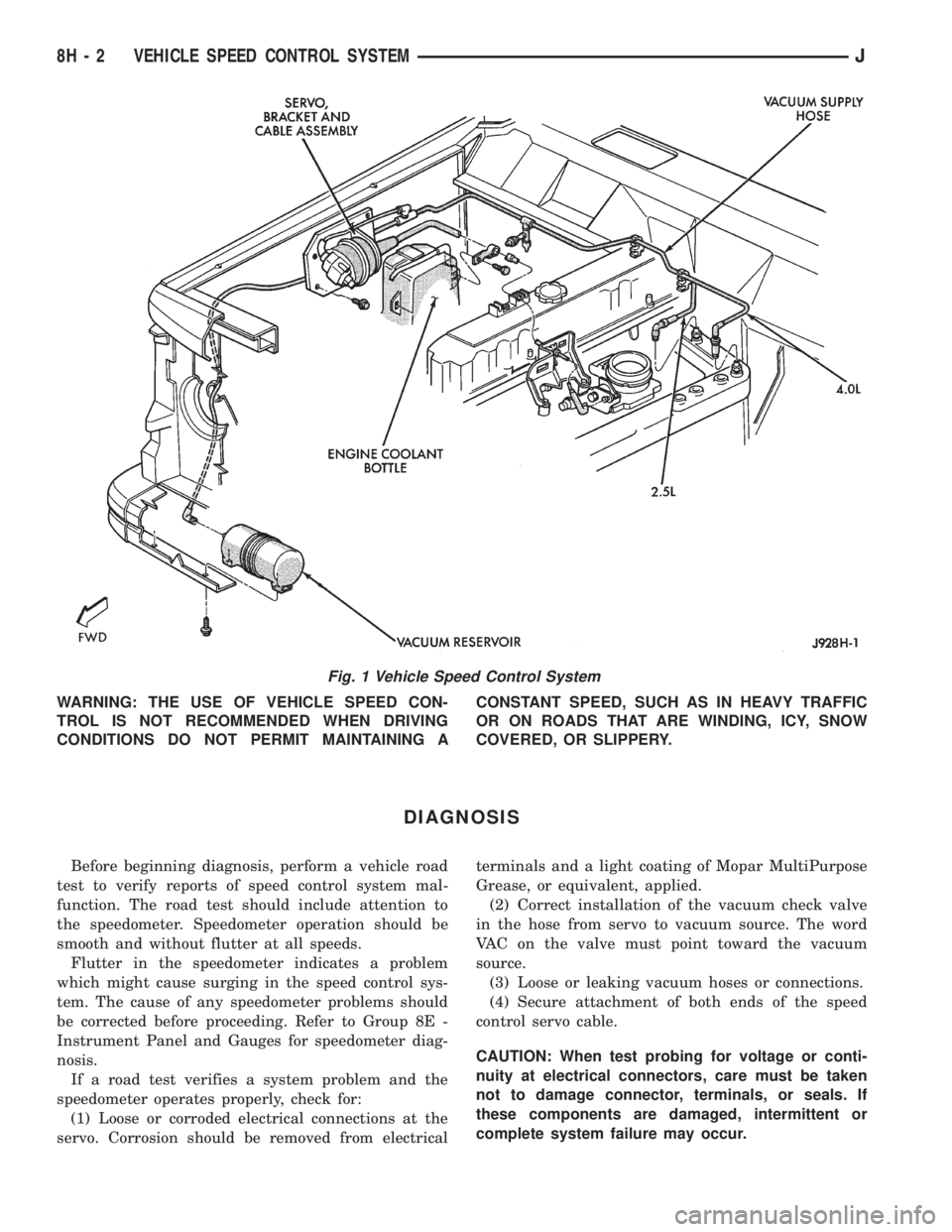 JEEP CHEROKEE 1995  Service Repair Manual WARNING: THE USE OF VEHICLE SPEED CON-
TROL IS NOT RECOMMENDED WHEN DRIVING
CONDITIONS DO NOT PERMIT MAINTAINING ACONSTANT SPEED, SUCH AS IN HEAVY TRAFFIC
OR ON ROADS THAT ARE WINDING, ICY, SNOW
COVER