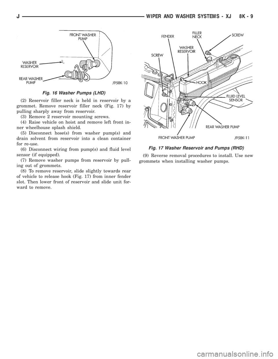 JEEP CHEROKEE 1995  Service Repair Manual (2) Reservoir filler neck is held in reservoir by a
grommet. Remove reservoir filler neck (Fig. 17) by
pulling sharply away from reservoir.
(3) Remove 2 reservoir mounting screws.
(4) Raise vehicle on